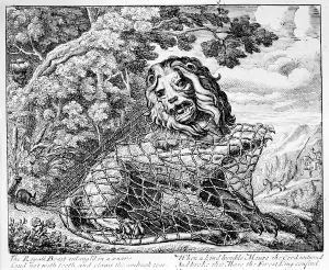The Lion and the Mouse, illustration to Aesops Fables, 1687 (etching) The Lion and the Mouse, illustration to Aesops Fables, 1687 (etching)