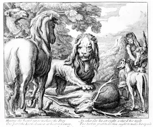 The Lions Share, illustration to Aesops Fables, 1687 (etching) The Lions Share, illustration to Aesops Fables, 1687 (etching)