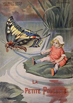 The Little Thummy. A tiny little girl sitting on a water lily pulls by a butterfly The Little Thummy. A tiny little girl sitting on a water lily pulls by a butterfly