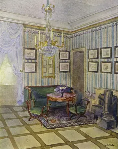 Living Room in Castle Stutensee, near Karlsruhe, Decorated in classic style, about 1800 (colour litho) Living Room in Castle Stutensee, near Karlsruhe, Decorated in classic style, about 1800 (colour litho)
