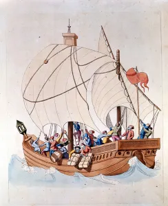 The loading of a 13th century caravel is on the sea The loading of a 13th century caravel is on the sea