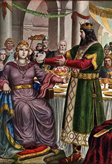 Lombard king Alboin (about 526- 572) forces his wife, the gepid princess Rosemonde (died 572) to drink from a cup formed by his father's skull Cunimond at a banquet in Verona, Italy (Rosamund (or Rosamunde) and her husband Alboin Lombard king Alboin (about 526- 572) forces his wife, the gepid princess Rosemonde (died 572) to drink from a cup formed by his father's skull Cunimond at a banquet in Verona, Italy (Rosamund (or Rosamunde) and her husband Alboin