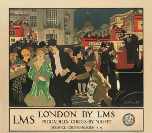 Train Company Gallery: London by LMS, Piccadilly Circus by Night, 1927 (colour lithograph)