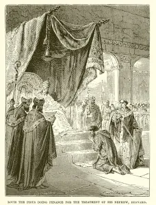 Louis the Pious doing penance for the treatment of his nephew, Bernard (engraving) Louis the Pious doing penance for the treatment of his nephew, Bernard (engraving)