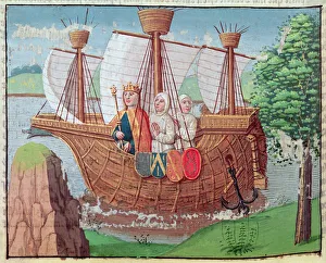 Louis VII embarking for the Holy Land with some Cistercian monks in 1145, miniature from Ogier le Danois, printed by A Louis VII embarking for the Holy Land with some Cistercian monks in 1145, miniature from Ogier le Danois, printed by A