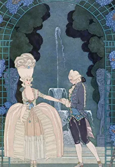 Love under the Fountain, illustration for Fetes Galantes by Paul Verlaine (1844-96) 1928 (pochoir print) Love under the Fountain, illustration for Fetes Galantes by Paul Verlaine (1844-96) 1928 (pochoir print)