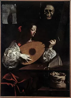 Lute player. Painting (Vanite) by Luigi Miradori (17th century), 1655