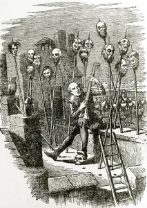 Lute playing Keeper of the heads, London Bridge. 1848 (engraving) Lute playing Keeper of the heads, London Bridge. 1848 (engraving)