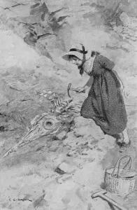 At Lyme Regis, Mary Anning, aged 12, coming upon the first Ichthyosaurus found in England (litho) At Lyme Regis, Mary Anning, aged 12, coming upon the first Ichthyosaurus found in England (litho)