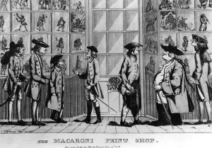 The Macaroni Print Shop, pub. by N. Darley, 1772 (engraving) (b/w photo) The Macaroni Print Shop, pub. by N. Darley, 1772 (engraving) (b/w photo)