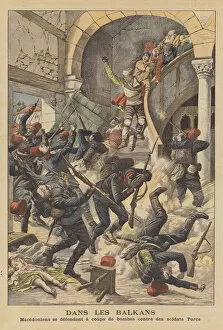 Brawl Gallery: Macedonians defending themselves with bombs against Turkish soldiers (colour litho)