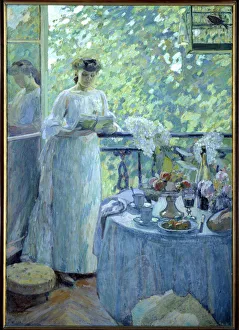 Madame O. on the balcony A young woman reads a book in a bourgeois interior Madame O. on the balcony A young woman reads a book in a bourgeois interior