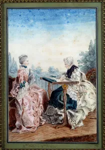 Mademoiselle Melin and Mademoiselle de Laleu doing watercolour tapestry by Louis carrogis Mademoiselle Melin and Mademoiselle de Laleu doing watercolour tapestry by Louis carrogis