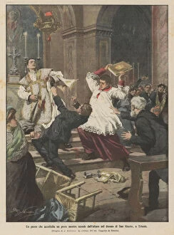 A madman stabbing a priest as he descends from the altar in the Cathedral of San Giusto, in Trieste (colour litho)