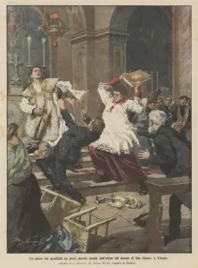 A madman stabbing a priest as he descends from the altar in the Cathedral of San Giusto, in Trieste (colour litho) A madman stabbing a priest as he descends from the altar in the Cathedral of San Giusto, in Trieste (colour litho)
