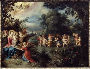 Madonna has the child in a landscape surrounded by musicians and dancing angels Madonna has the child in a landscape surrounded by musicians and dancing angels