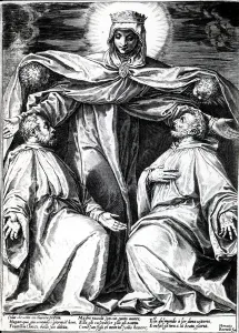 Madonna Protecting Two Members of a Confraternity, print made by Horatio Bertelli Madonna Protecting Two Members of a Confraternity, print made by Horatio Bertelli
