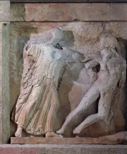 Magna graecia: metope with Enceladus and Athena (Gigantomachy), stone relief Magna graecia: metope with Enceladus and Athena (Gigantomachy), stone relief