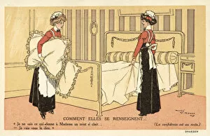 Two maids changing bed clothes (colour litho)