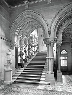 Neo-Gothic Architecture Collection: The main staircase, Eaton Hall, Cheshire, from The English Country House (b/w photo)