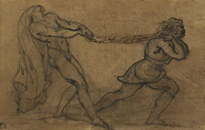 Romantic Era Gallery: A Male Nude Pulled by Another Male, (pencil and brown ink on brown paper)
