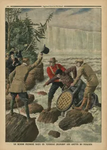 Stunt Gallery: A man in a barrel crossing the Niagara Falls, illustration from Le Petit Journal