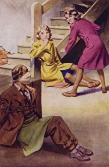 A man bound, gagged and sitting on the floor while two girls look on (colour litho) A man bound, gagged and sitting on the floor while two girls look on (colour litho)