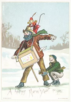Man, boy and monkey slipping on ice, New Year Card (chromolitho)