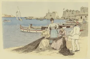 A man chatting to a group of women mending fishing nets in the town of Villefranche A man chatting to a group of women mending fishing nets in the town of Villefranche