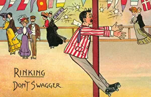 Colliding Gallery: Man colliding painfully with a post at a roller skating rink (colour litho)