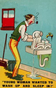 Man doing the washing up and wishing he had a woman to do it for him (colour litho) Man doing the washing up and wishing he had a woman to do it for him (colour litho)
