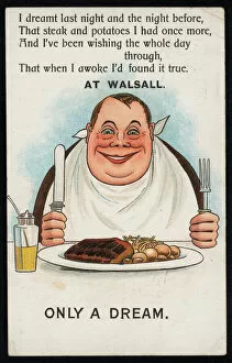 Man enjoying steak and potatoes at Walsall, advertisement (chromolitho)