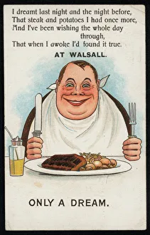 Man enjoying steak and potatoes at Walsall, advertisement (chromolitho) Man enjoying steak and potatoes at Walsall, advertisement (chromolitho)