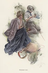 Man fishing on a river bank while a woman looks on (colour litho) Man fishing on a river bank while a woman looks on (colour litho)