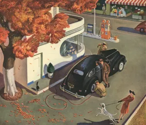 Man Getting His Car Serviced at a Gas Station, 1942 (screen print) Man Getting His Car Serviced at a Gas Station, 1942 (screen print)