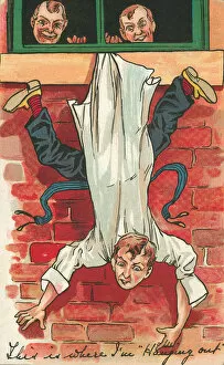 Man being hung upside down out of a window by his coat-tails (colour litho)