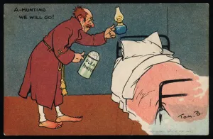 Man hunting for fleas in his bed (chromolitho) Man hunting for fleas in his bed (chromolitho)