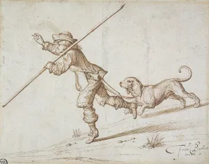 Man hunting with a pointed staff and a hound (pen & brown ink on paper) Man hunting with a pointed staff and a hound (pen & brown ink on paper)