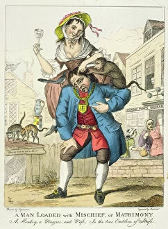 Images Dated 28th June 2012: A Man Loaded with Mischief, or Matrimony, c. 1766 (colour etching)