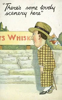 Man looking toward whisky distillery (colour litho)