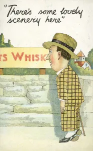 Man looking toward whisky distillery (colour litho) Man looking toward whisky distillery (colour litho)