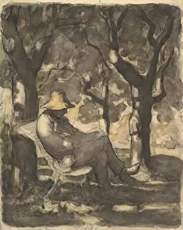 Shade Gallery: A Man Reading in a Garden, 1825-79 (w / c over black chalk, pen and ink, wash and crayon)