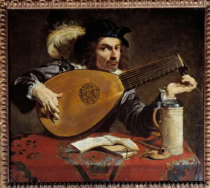 Man tuning his lute. Painting by Theodore Rombouts (1597 - 1637) Ec. Flam. 17th century