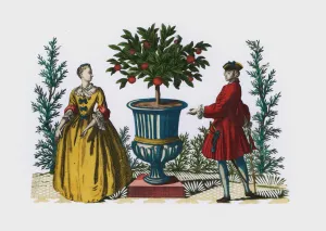 3639661 Man and woman in 18th Century dress in a garden (coloured engraving) by European School, (18th century); Private Collection; (add.info.: Man and woman in 18th Century dress in a garden. Extremely rare example of hand-cut paper, utilising hand-coloured engraving. Probably French of German, 18th century.); Look and Learn / Valerie Jackson Harris Collection Man and woman in 18th Century dress in a garden (coloured engraving)