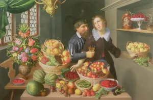 Man and Woman Before a Table Laid with Fruits and Vegetables Man and Woman Before a Table Laid with Fruits and Vegetables