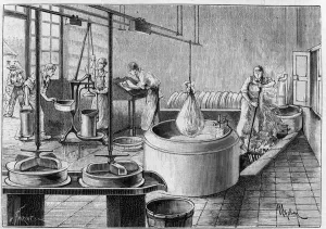 Manufacture of gruyere: a modern cheese factory. Engraving in ' La Nature Manufacture of gruyere: a modern cheese factory. Engraving in ' La Nature