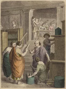 Manufacture and trade in books in Ancient Rome (coloured engraving) Manufacture and trade in books in Ancient Rome (coloured engraving)