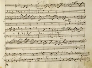 Manuscript page from the score of Opus V, Sonata for violin, violone, and harpsichord' Manuscript page from the score of Opus V, Sonata for violin, violone, and harpsichord'