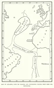 Map of Atlantis, with its islands and connecting ridges, from deep sea soundings (engraving) Map of Atlantis, with its islands and connecting ridges, from deep sea soundings (engraving)