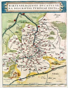 Map of Baden-Wuerttemberg, Germany, 1570 (engraving) Map of Baden-Wuerttemberg, Germany, 1570 (engraving)